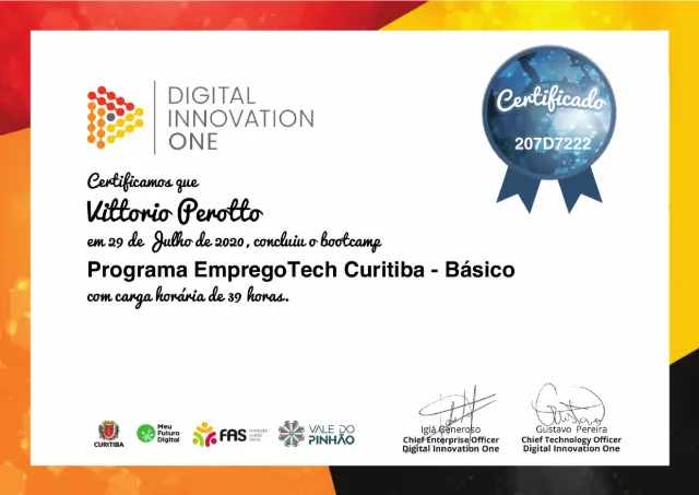 Certificado da DIO: Programa EmpregoTech Curitiba - Básico, 39 h, 29/07/2020